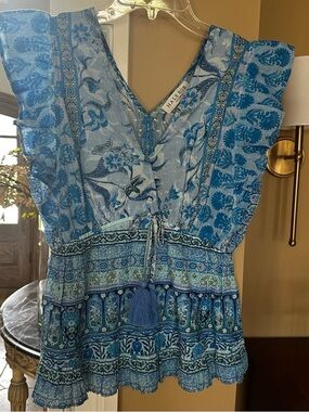 Hale Bob Blue Paisley & Floral Tassel Tie Ruffle Top